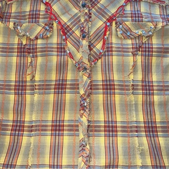 Western Cowgirl Womens Long Sleeve Plaid Shirt Size M Yellow/Red Embellished - Picture 7 of 12